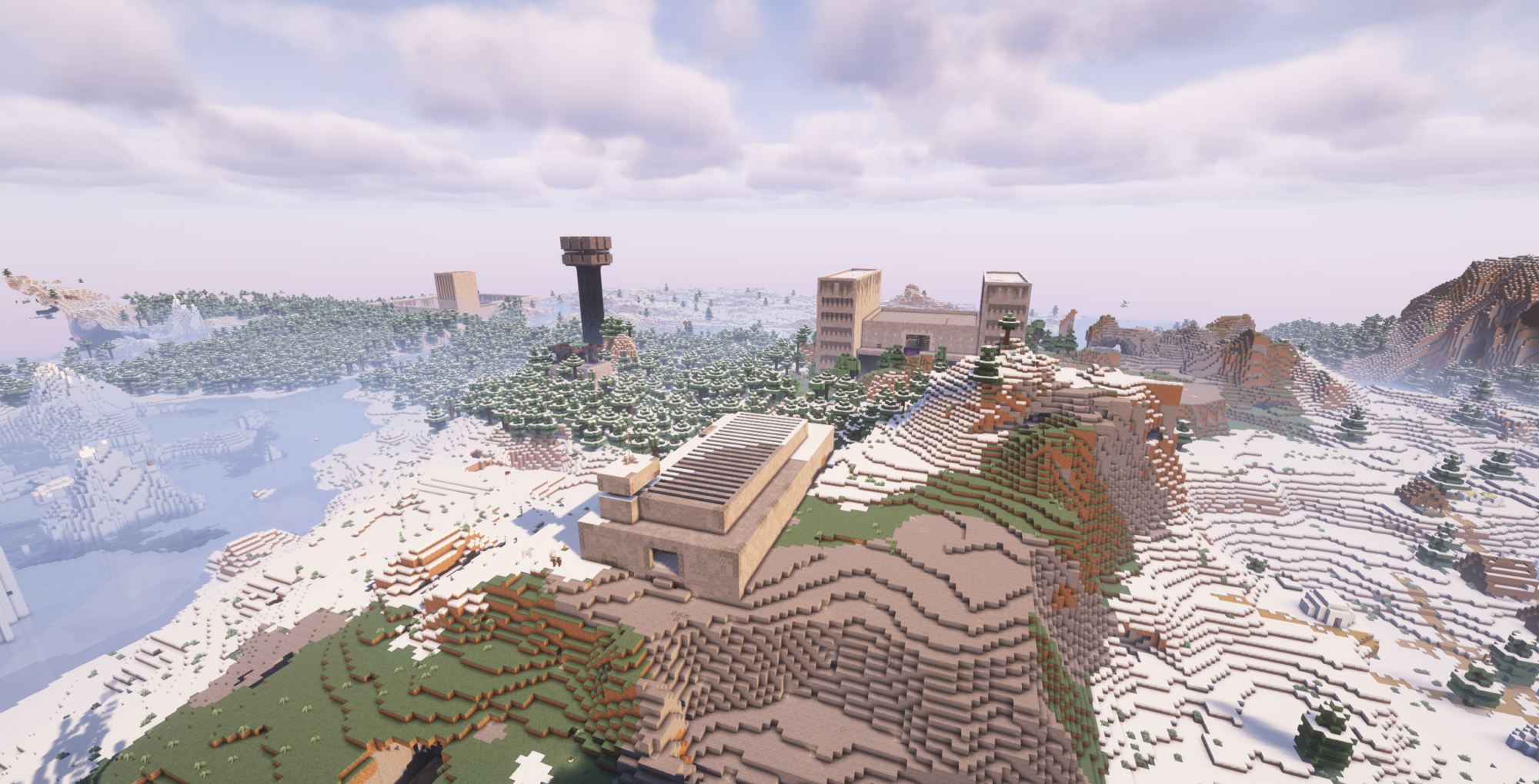 A screenshot of the frozen Brutal Inc -area, featuring farms for ice and glow ink, alongside the villager bunker and Brutal Inc HQ - the storage