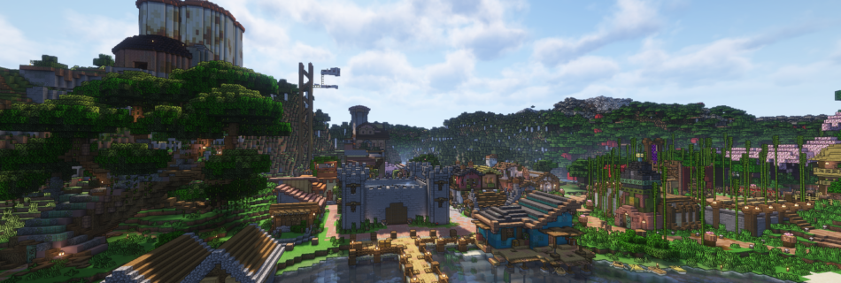 An overview of Port Crimson, taken about a year after we started. Featuring most of the village, from the silos on the hill to the nether gallows.